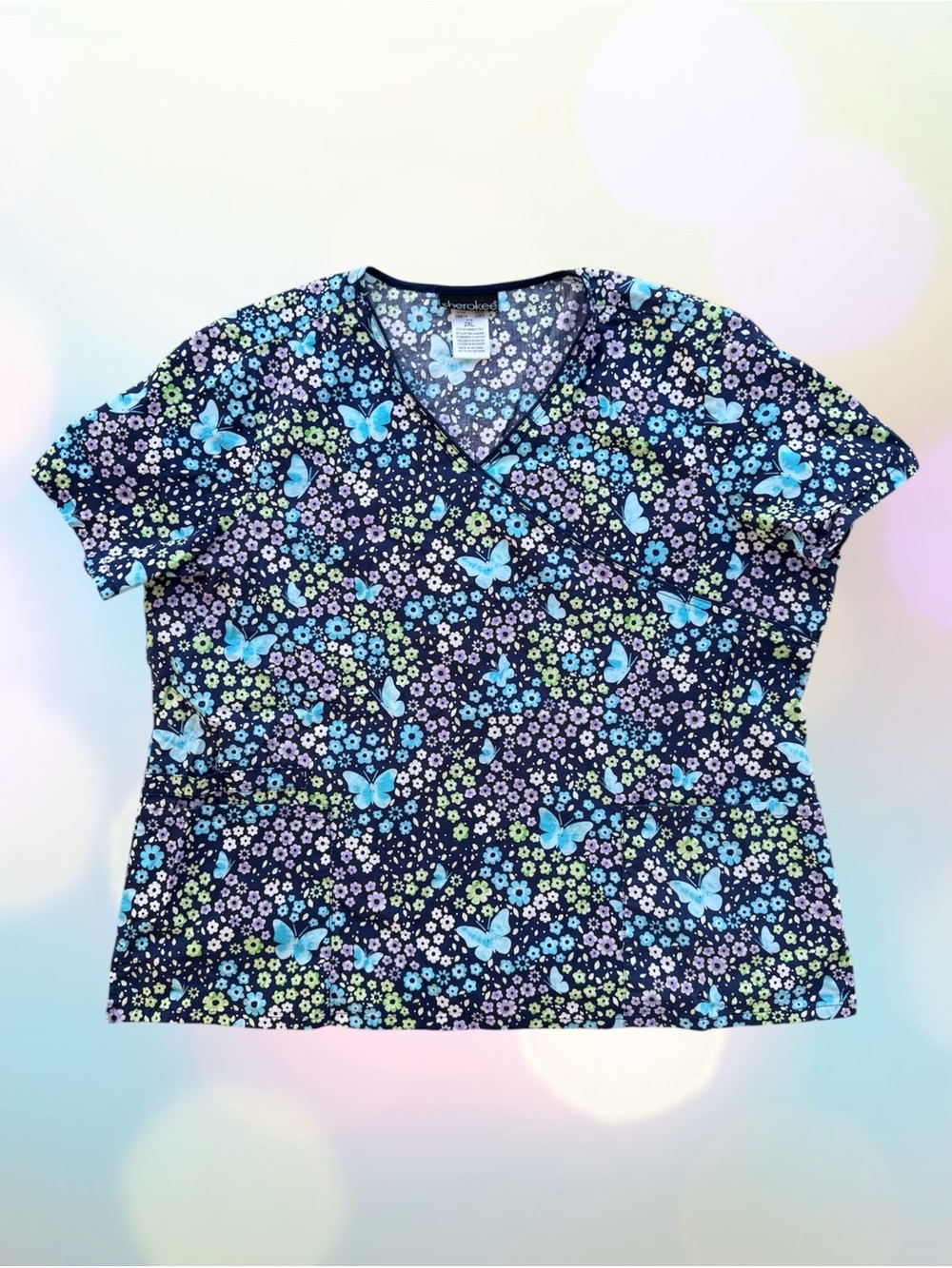 Cherokee Floral Butterfly V-Neck Stretch Scrub Top Medical Uniform ~ Women’s 2X - Picture 1 of 6